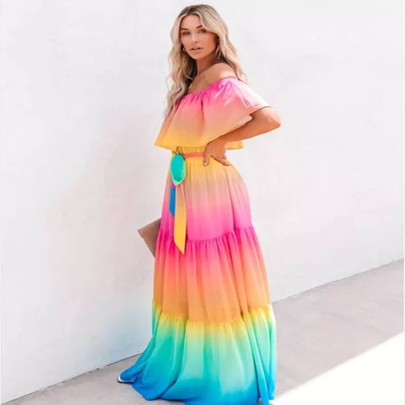 Rainbow Dress BOHO Maxi Off Shoulder - Ribbon Belt Waist - Flowing Hem - Picture 5 of 13